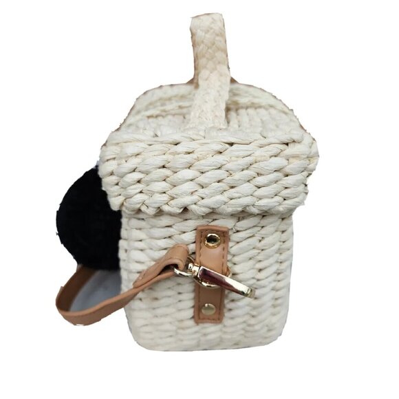 Surell Natural Straw Small Rectangle Basket Crossbody Handbag W/Black PomPom -EC - Picture 8 of 10